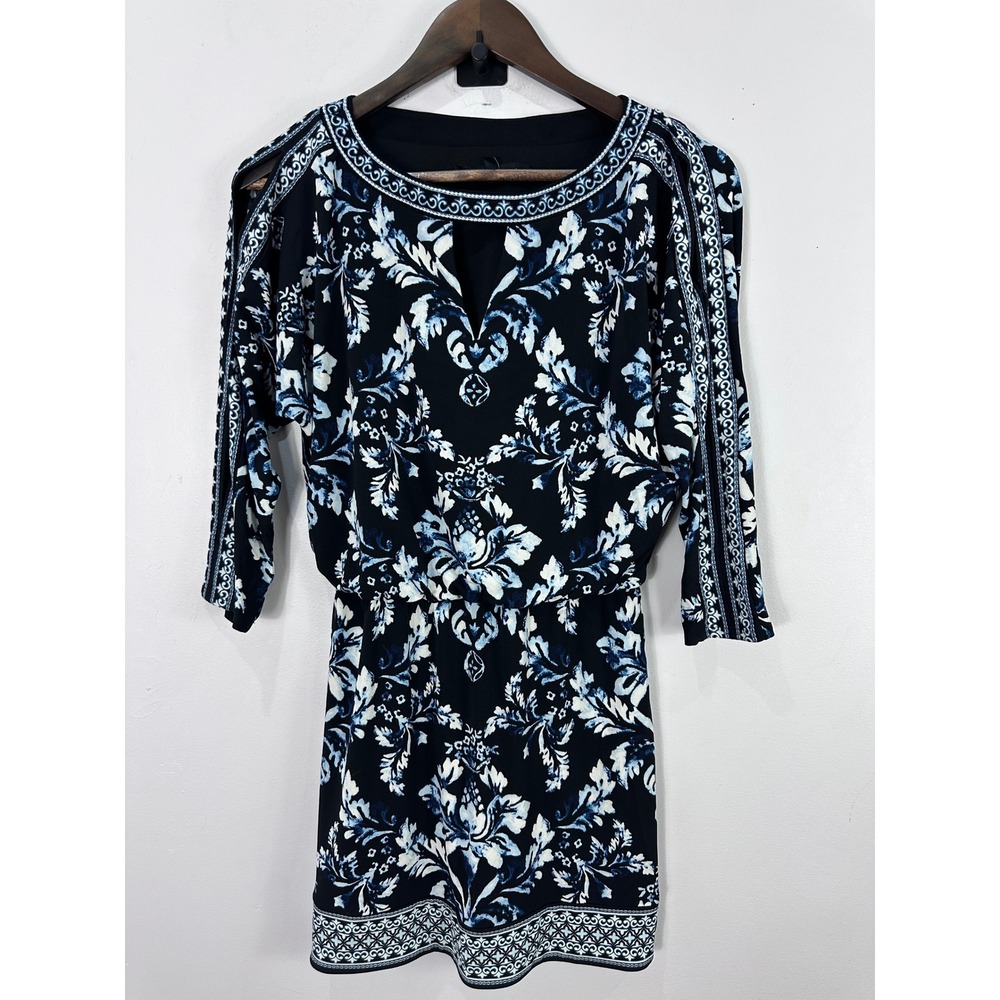 White House Black Market Dress Womens XXS Black Blue Damask Cold Shoulder Mini